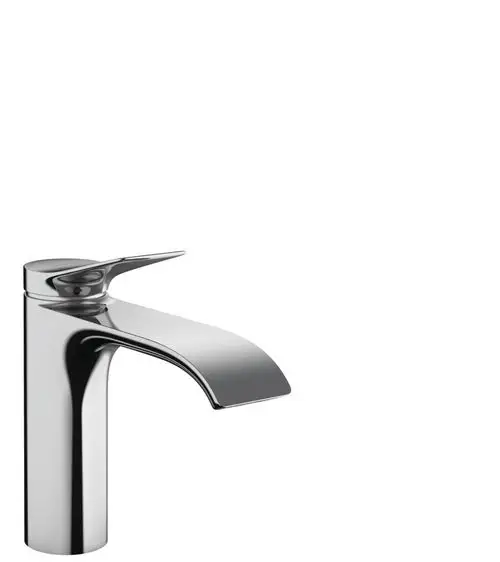 Einhebel-Waschtischmischer aus Chrom mit flacher Wasserfall-Auslaufform und integriertem Zugstangen-Ablaufsystem, von der Marke Hansgrohe.